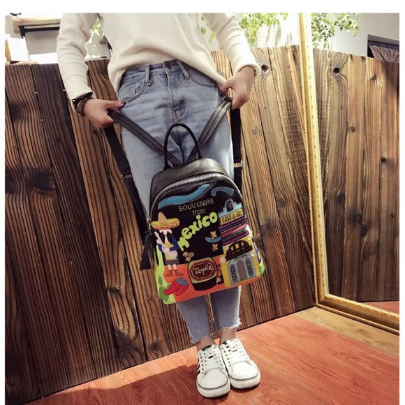 Women Leather Patchwork Embroidery Backpack main image 4